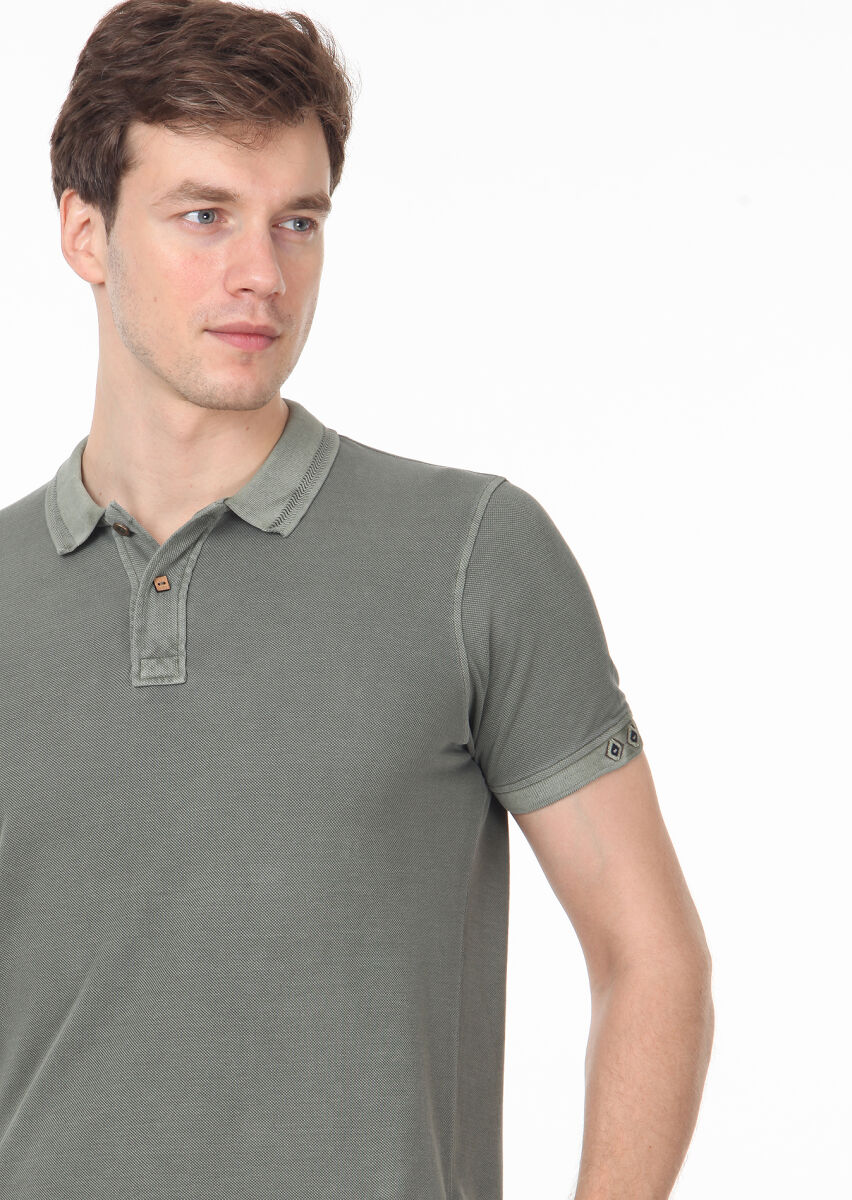 Khaki Plain Polo Neck 100% Cotton T-Shirt - 2