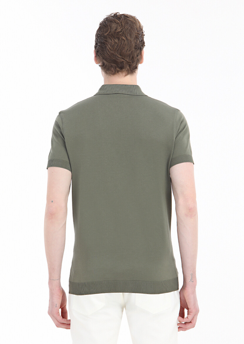 Khaki Plain Polo Neck 100% Cotton T-Shirt - 4