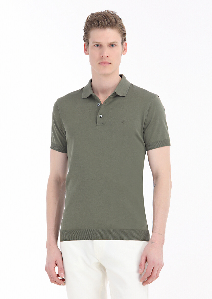 Khaki Plain Polo Neck 100% Cotton T-Shirt - 2