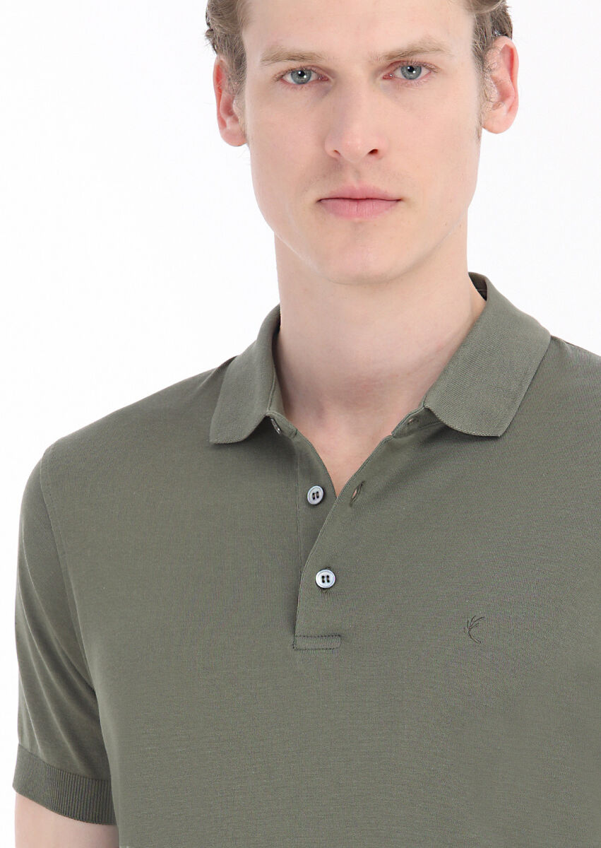 Khaki Plain Polo Neck 100% Cotton T-Shirt - 3