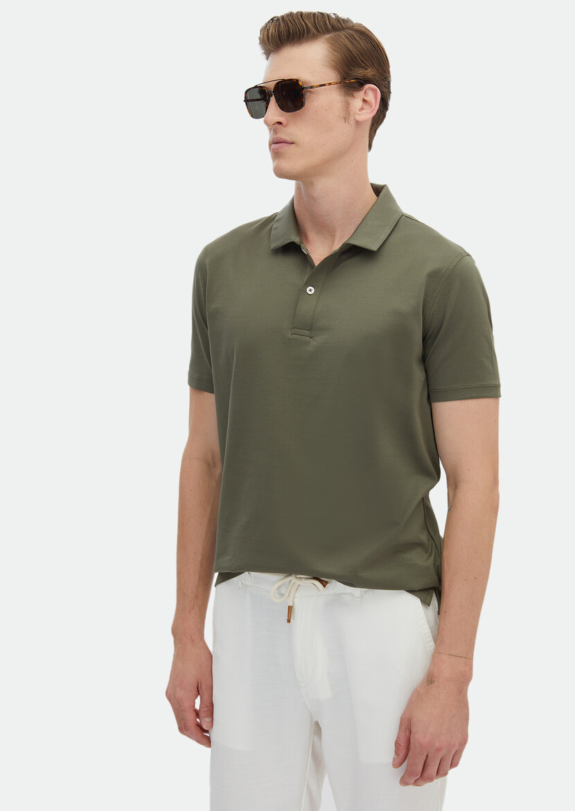 Khaki Plain Polo Neck 100% Cotton T-Shirt 