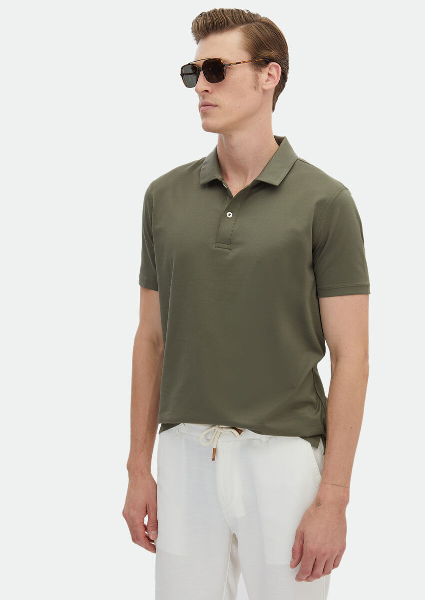 Khaki Plain Polo Neck 100% Cotton T-Shirt - 1