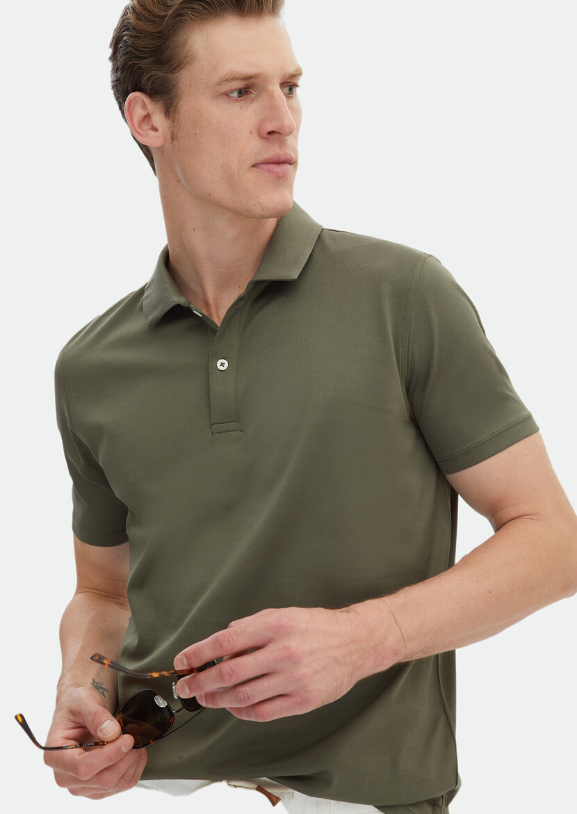 Khaki Plain Polo Neck 100% Cotton T-Shirt - 3