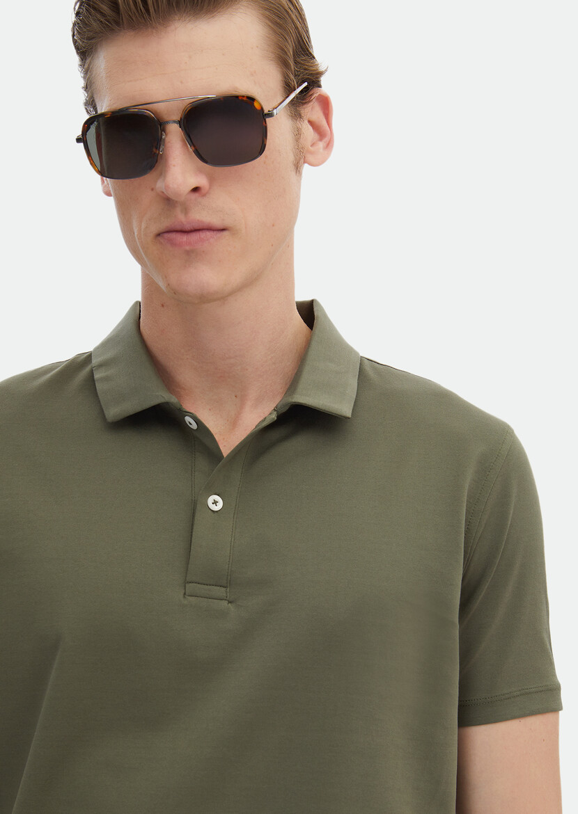 Khaki Plain Polo Neck 100% Cotton T-Shirt - 4