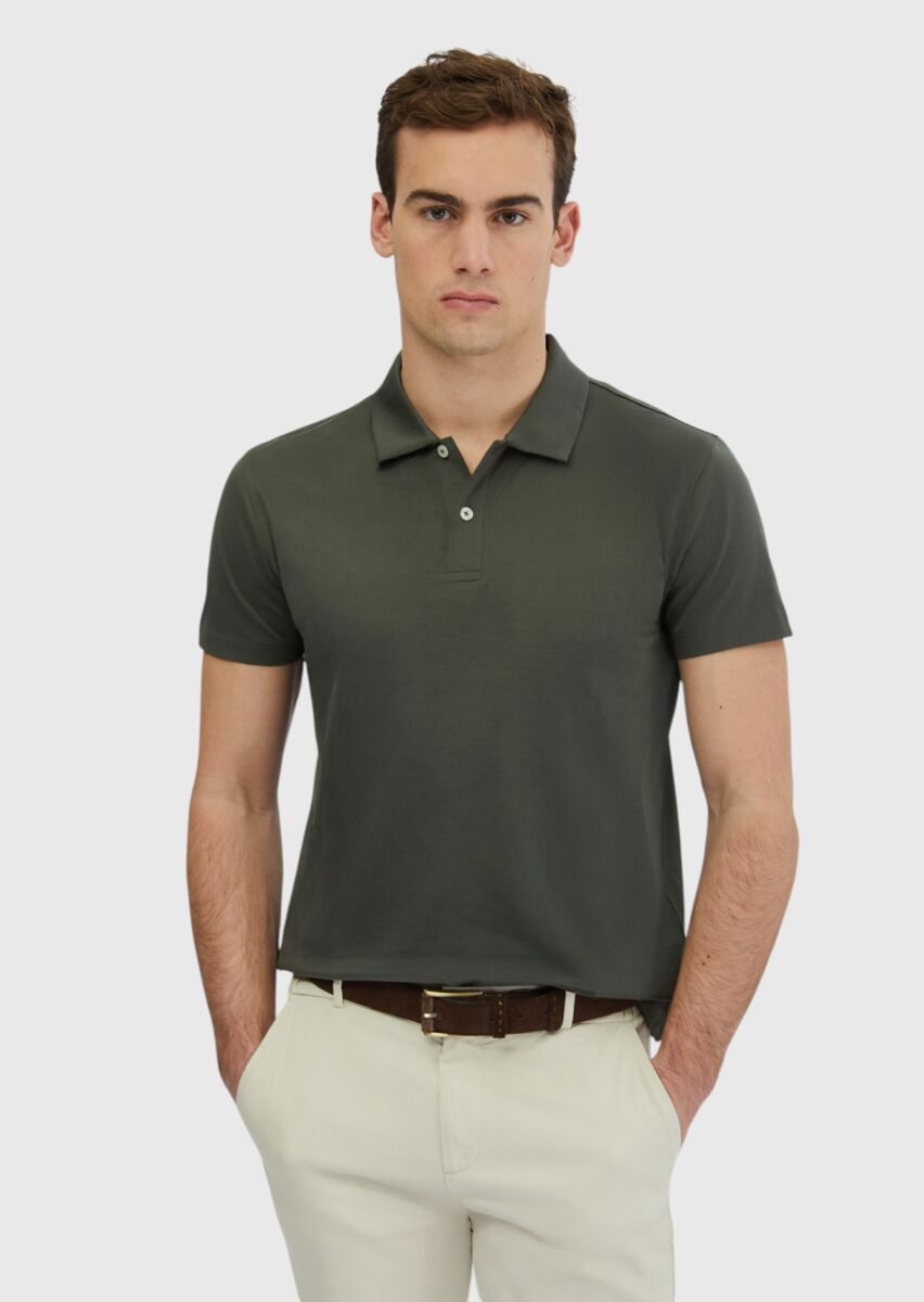 Khaki Plain Polo Neck 100% Cotton T-Shirt - 1