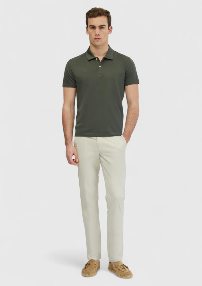 Khaki Plain Polo Neck 100% Cotton T-Shirt - 2