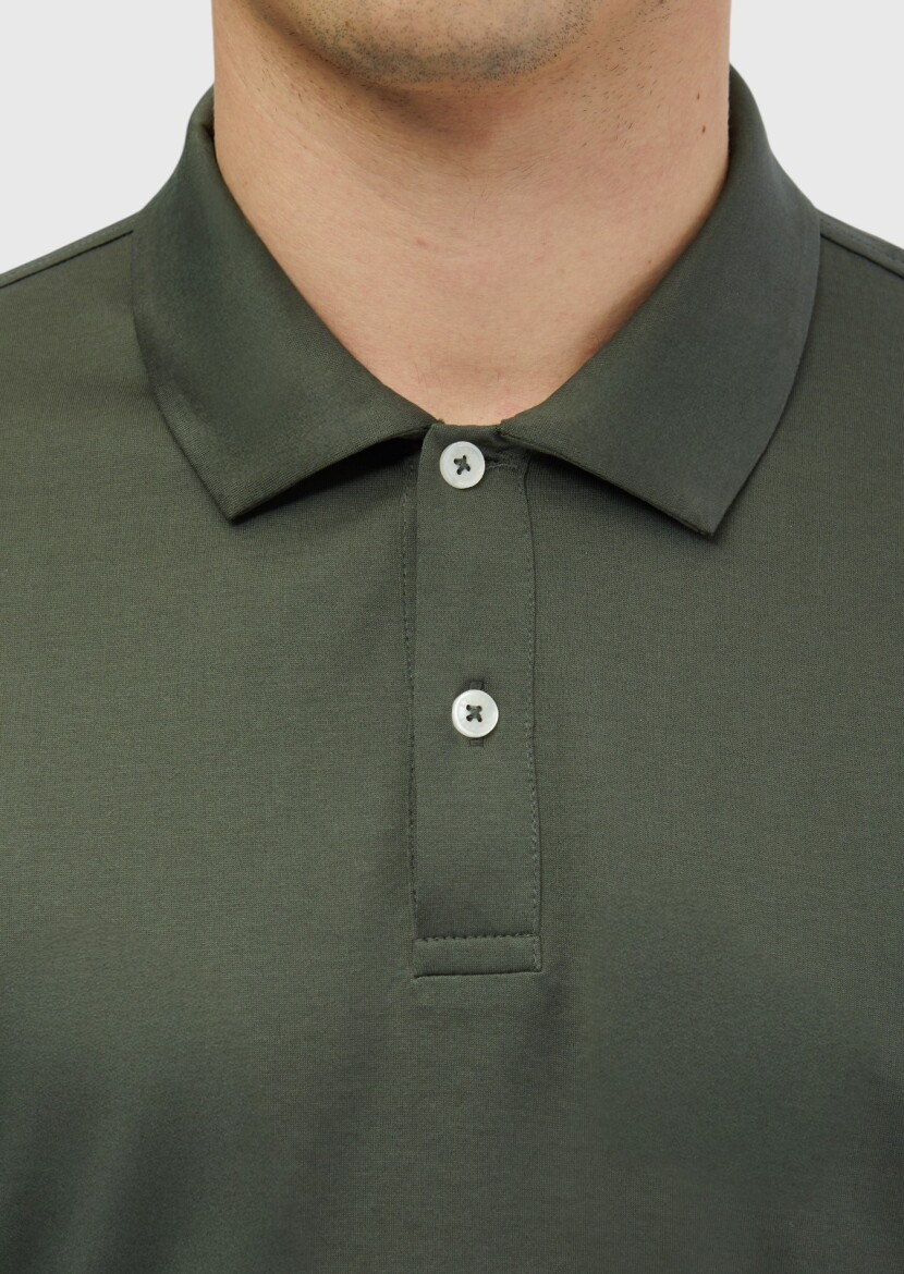 Khaki Plain Polo Neck 100% Cotton T-Shirt - 4