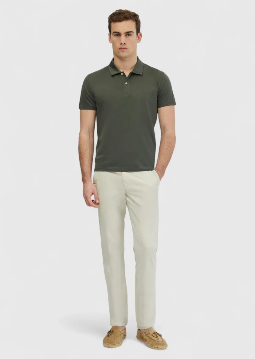 Khaki Plain Polo Neck 100% Cotton T-Shirt - 2