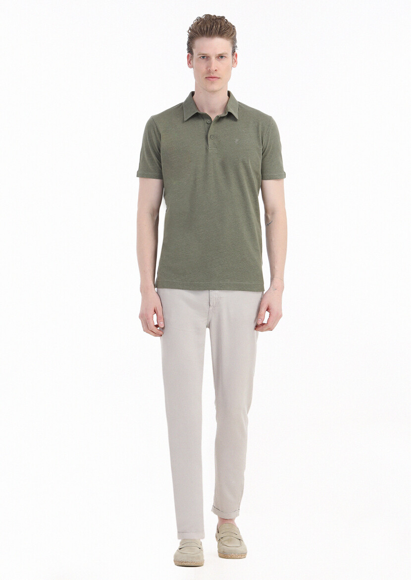 Khaki Plain Polo Neck Cotton Blended T-Shirt - 1