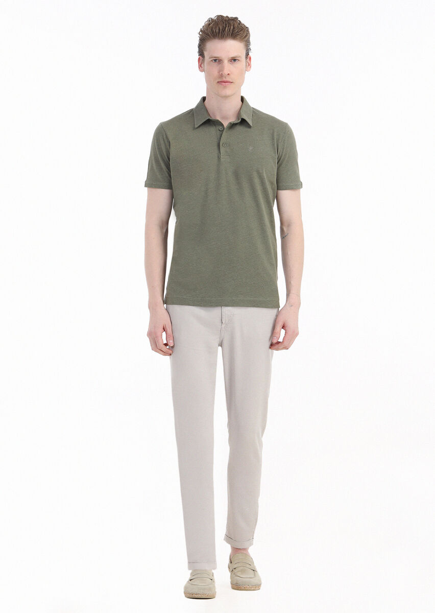 Khaki Plain Polo Neck Cotton Blended T-Shirt - 1