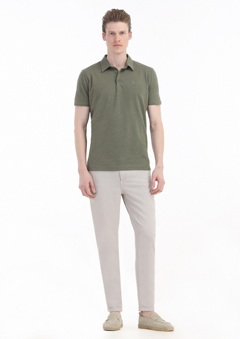 Khaki Plain Polo Neck Cotton Blended T-Shirt - 2