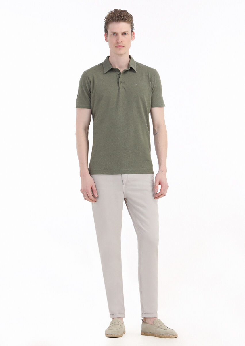 Khaki Plain Polo Neck Cotton Blended T-Shirt - 2
