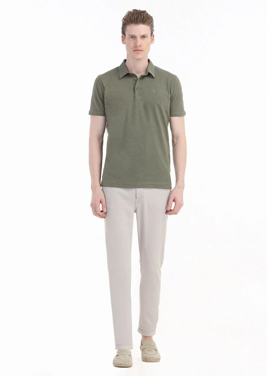 Khaki Plain Polo Neck Cotton Blended T-Shirt - 1