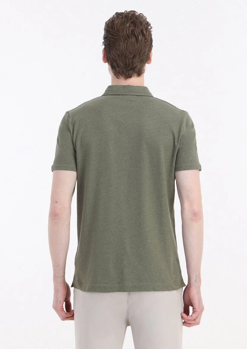 Khaki Plain Polo Neck Cotton Blended T-Shirt - 5