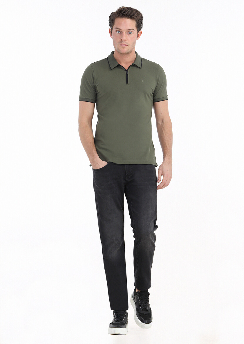 Khaki Plain Polo Neck Cotton Blended T-Shirt 