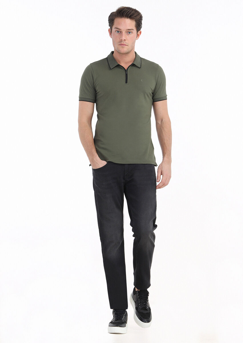 Khaki Plain Polo Neck Cotton Blended T-Shirt - 1