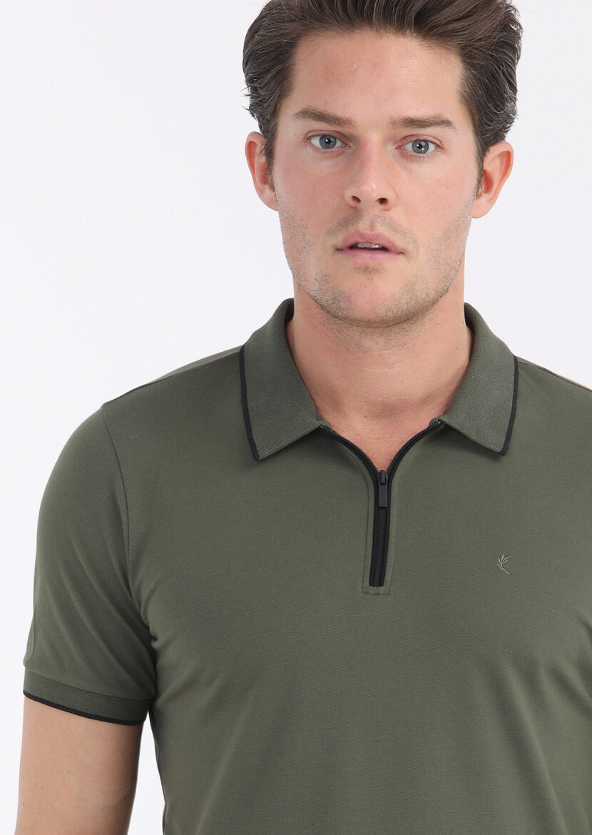 Khaki Plain Polo Neck Cotton Blended T-Shirt - 3