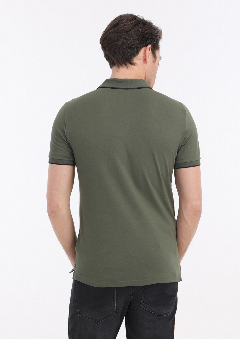 Khaki Plain Polo Neck Cotton Blended T-Shirt - 4