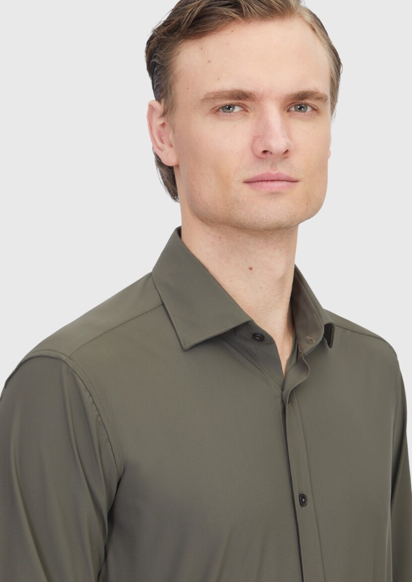 Khaki Plain Regular Fit Long Knitting Classical Shirt - 3