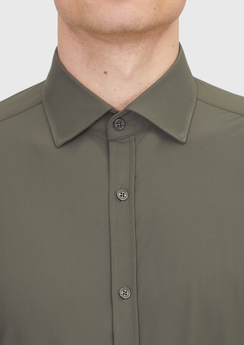 Khaki Plain Regular Fit Long Knitting Classical Shirt - 5