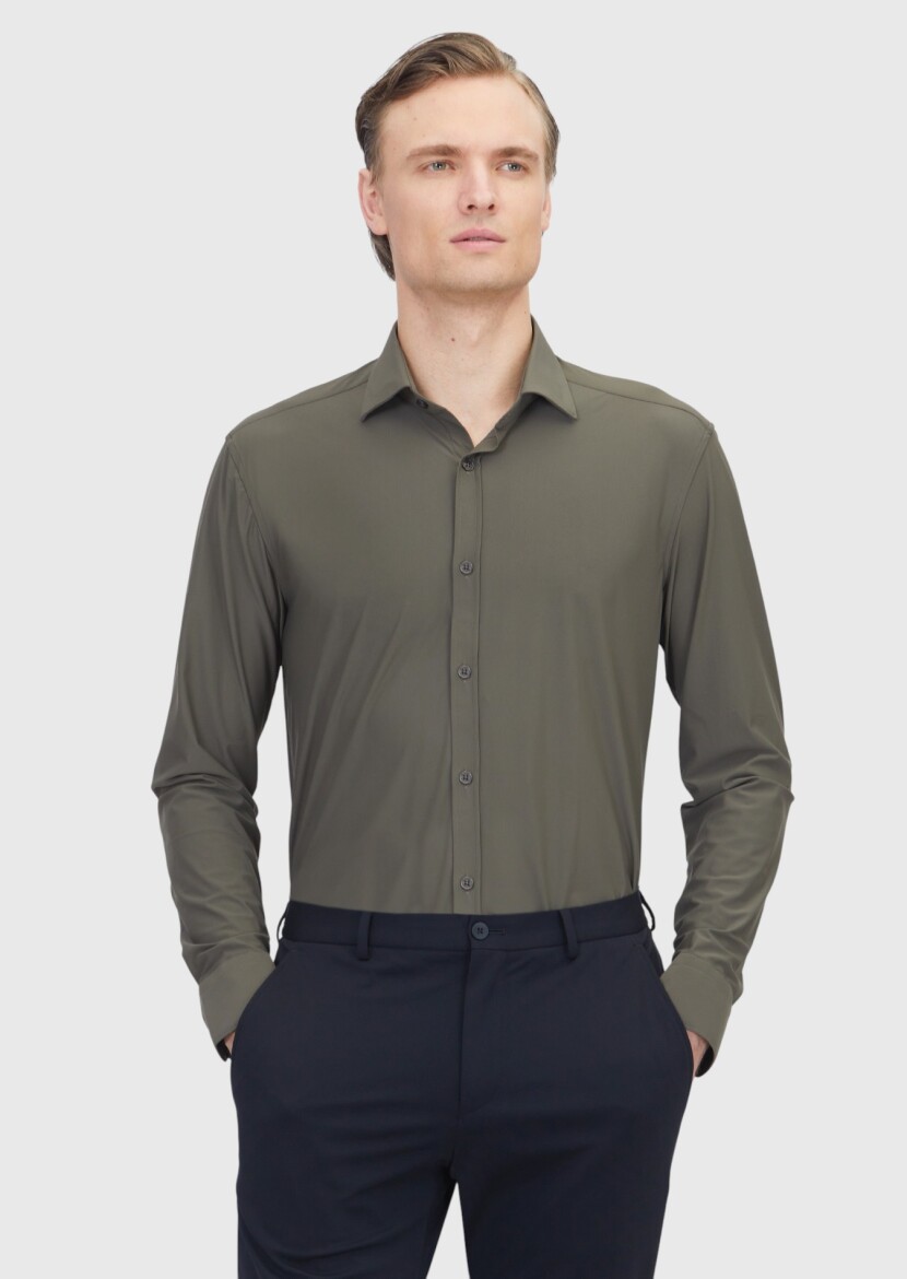 Khaki Plain Regular Fit Long Knitting Classical Shirt - RAMSEY
