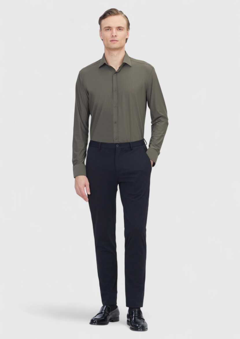 Khaki Plain Regular Fit Long Knitting Classical Shirt - RAMSEY