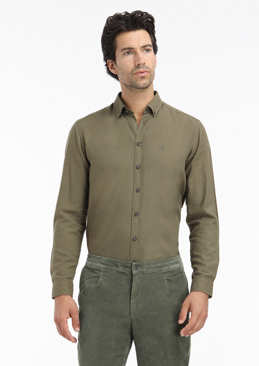 Khaki Plain Regular Fit Long Weaving Casual 100% Cotton Shirt 