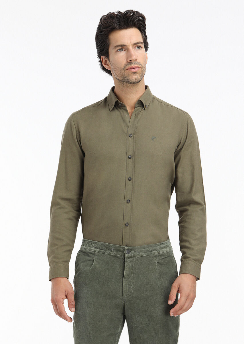 Khaki Plain Regular Fit Long Weaving Casual 100% Cotton Shirt - 2