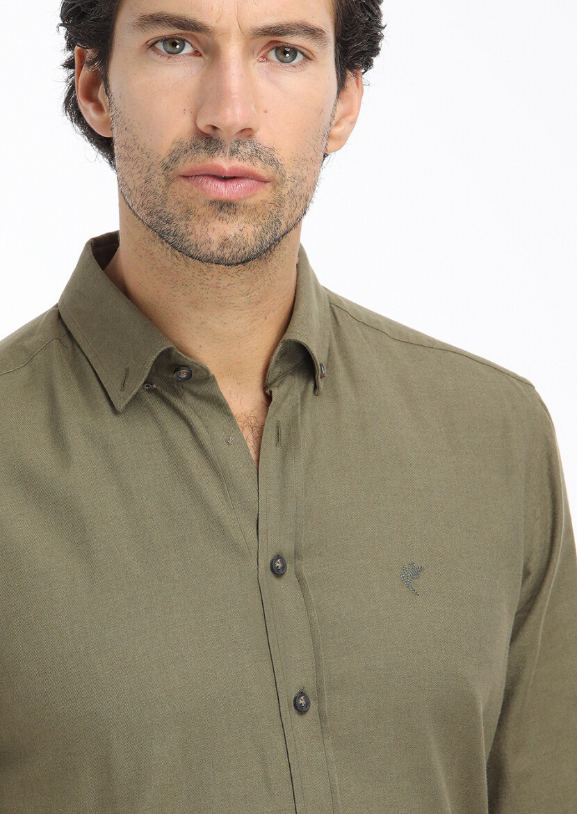 Khaki Plain Regular Fit Long Weaving Casual 100% Cotton Shirt - 3