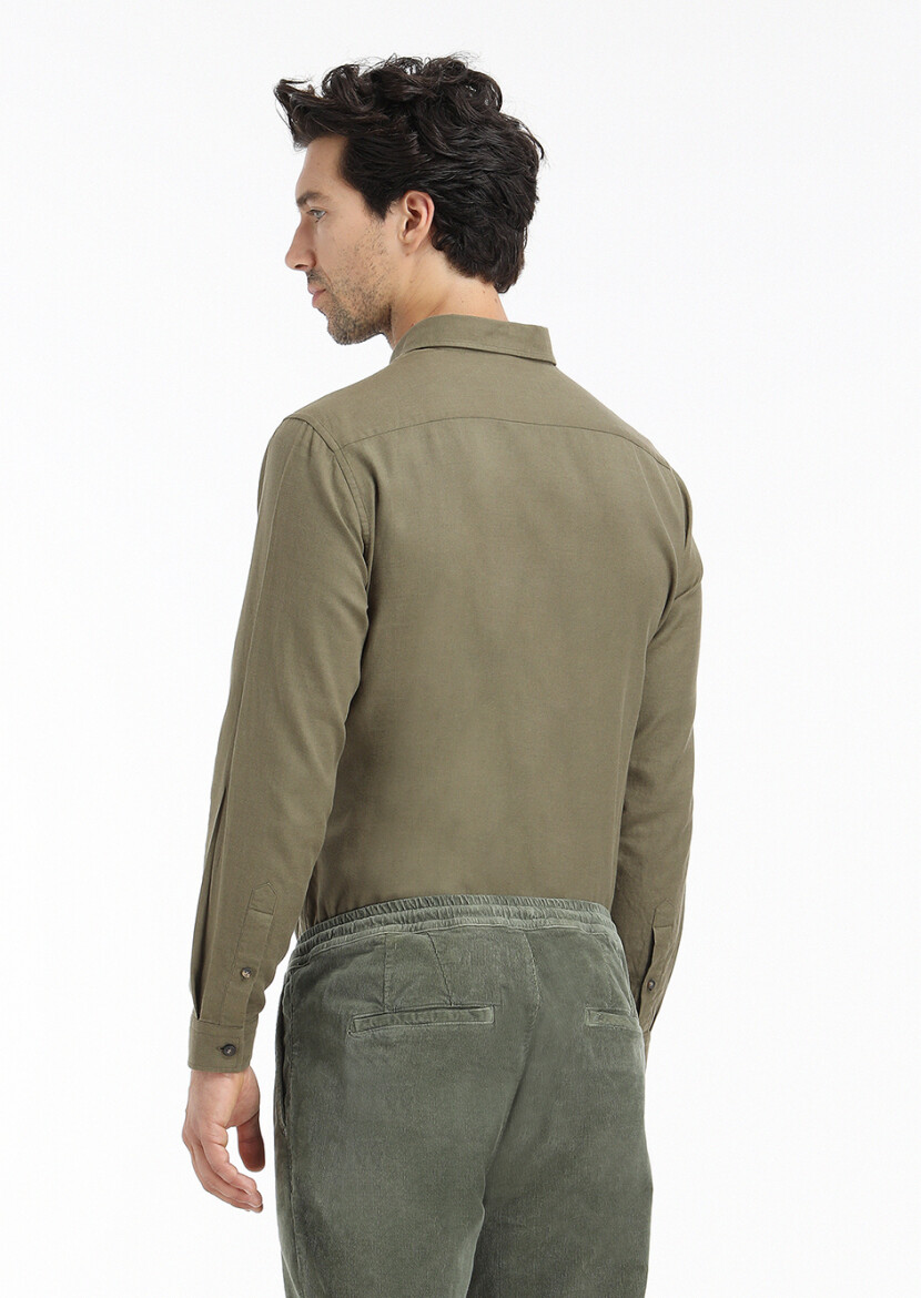Khaki Plain Regular Fit Long Weaving Casual 100% Cotton Shirt - 5