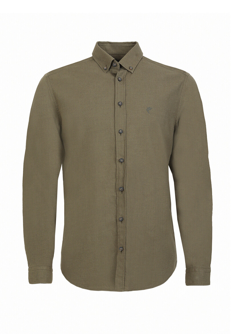 Khaki Plain Regular Fit Long Weaving Casual 100% Cotton Shirt - 6