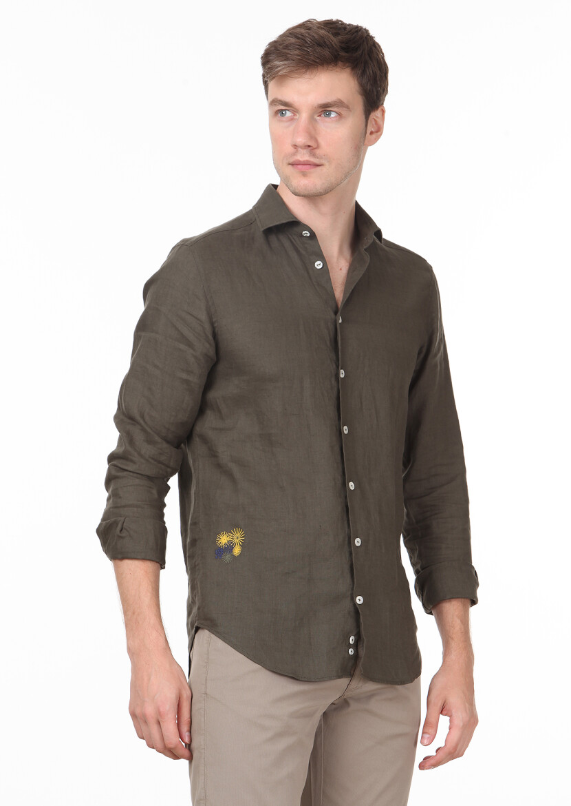 Khaki Plain Regular Fit Long Weaving Casual 100% Linen Shirt 