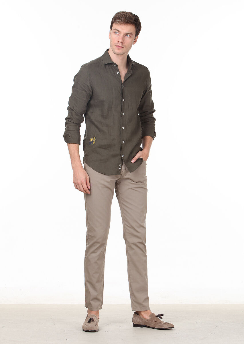 Khaki Plain Regular Fit Long Weaving Casual 100% Linen Shirt - 3