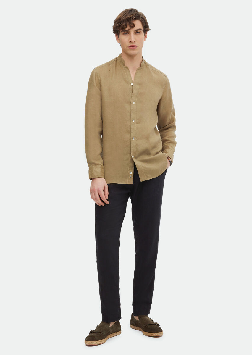 Khaki Plain Regular Fit Long Weaving Casual 100% Linen Shirt - 2