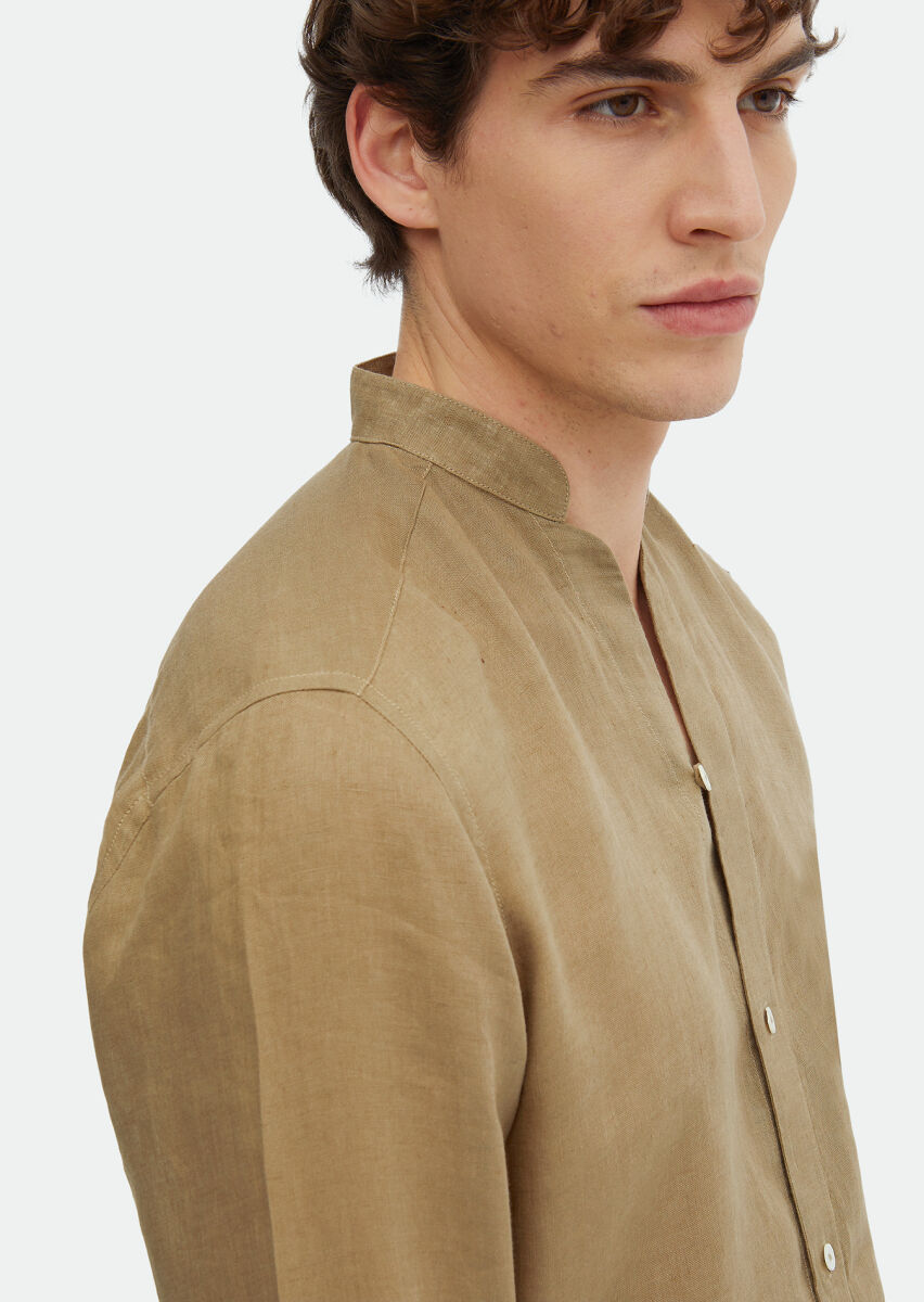 Khaki Plain Regular Fit Long Weaving Casual 100% Linen Shirt - 3