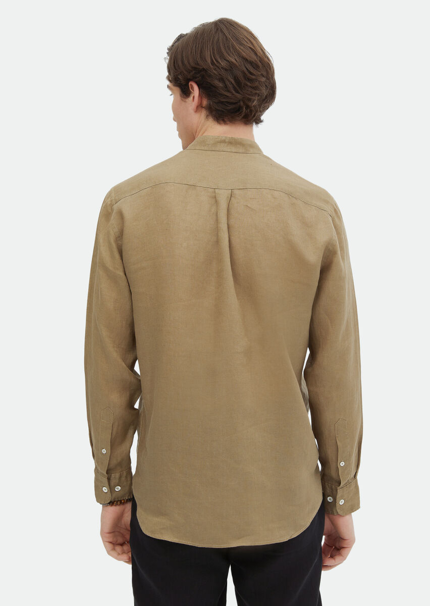 Khaki Plain Regular Fit Long Weaving Casual 100% Linen Shirt - 4