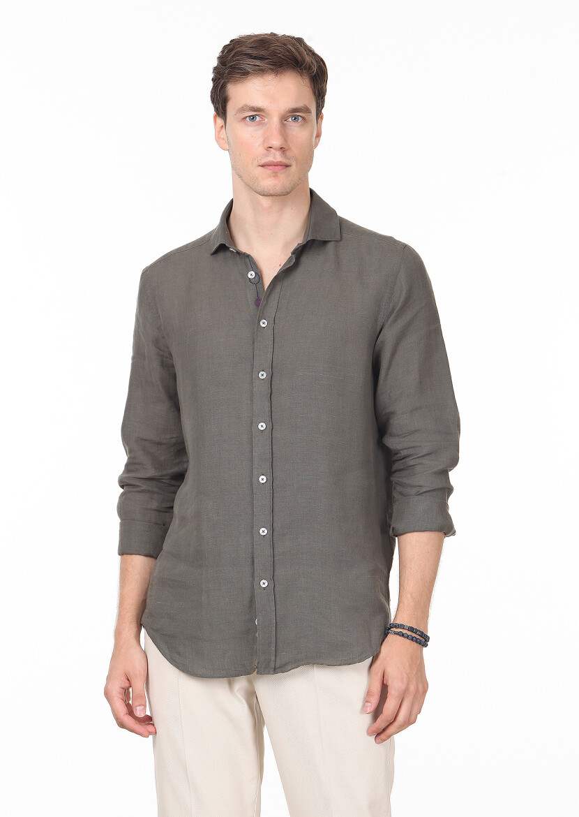 Khaki Plain Regular Fit Long Weaving Casual Cotton Blended Shirt - 1