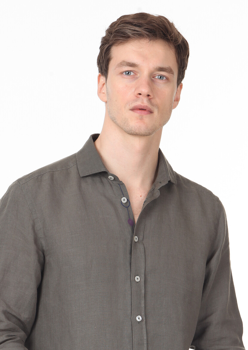 Khaki Plain Regular Fit Long Weaving Casual Cotton Blended Shirt - 2