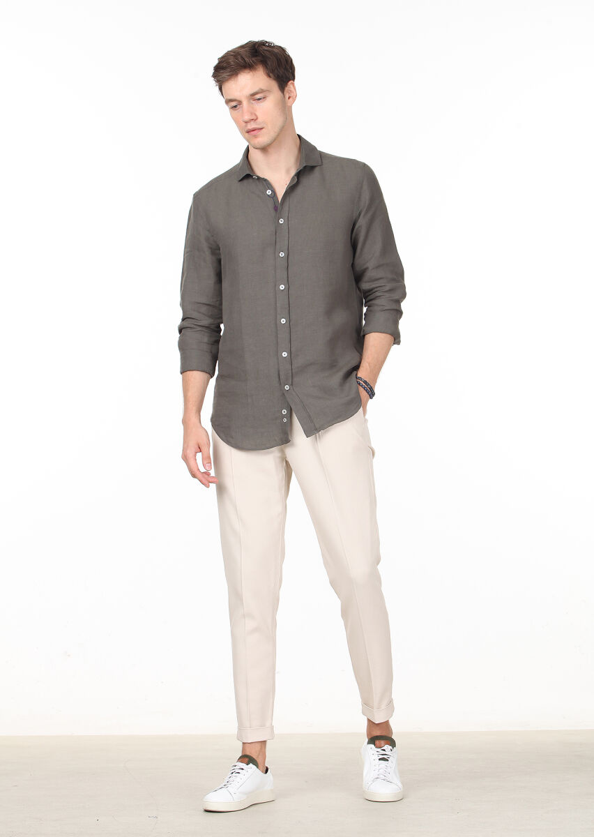 Khaki Plain Regular Fit Long Weaving Casual Cotton Blended Shirt - 3