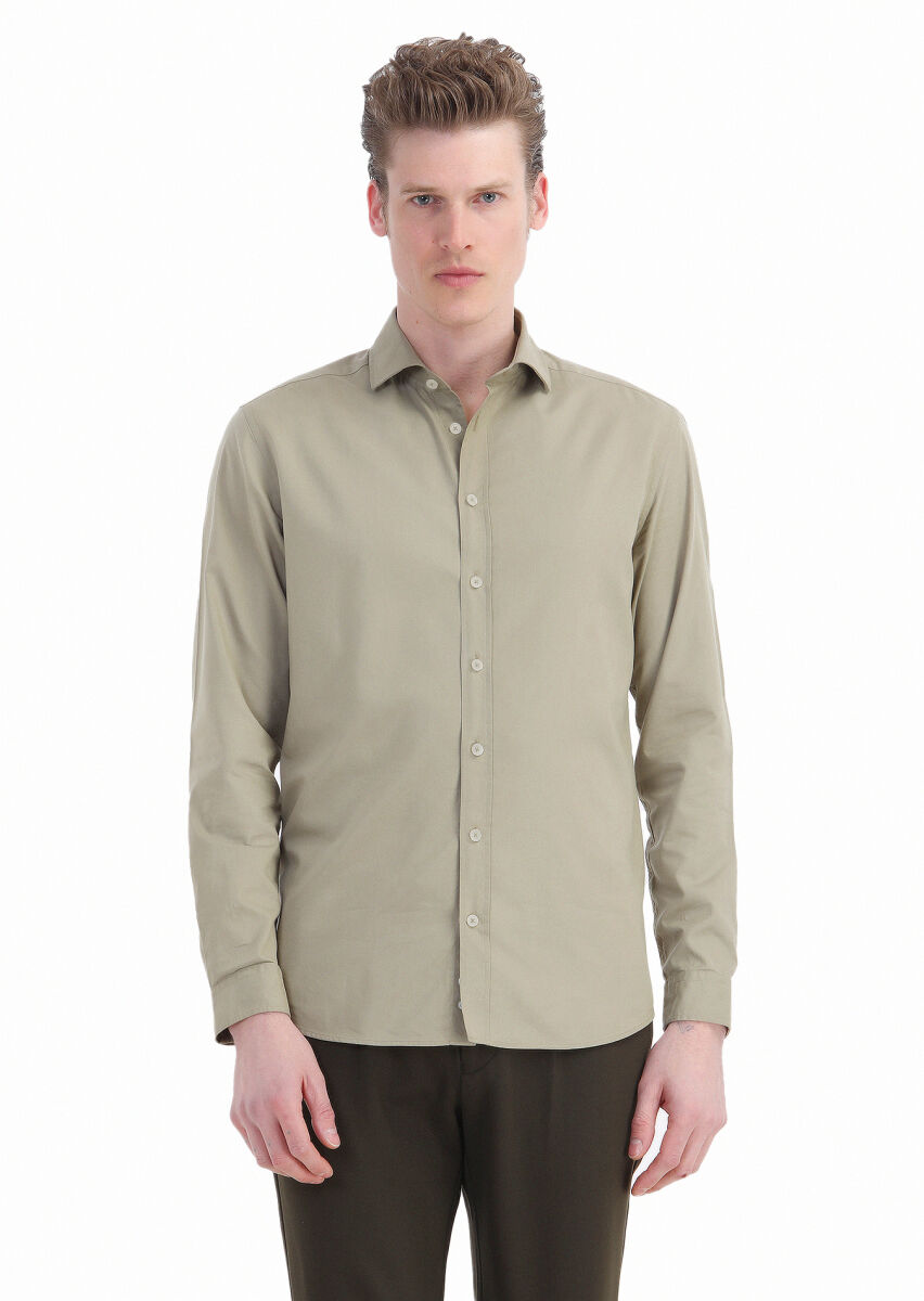 Khaki Plain Regular Fit Long Weaving Casual Cotton Blended Shirt - 1