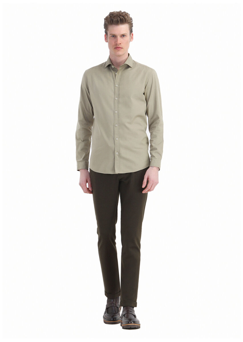 Khaki Plain Regular Fit Long Weaving Casual Cotton Blended Shirt - 2