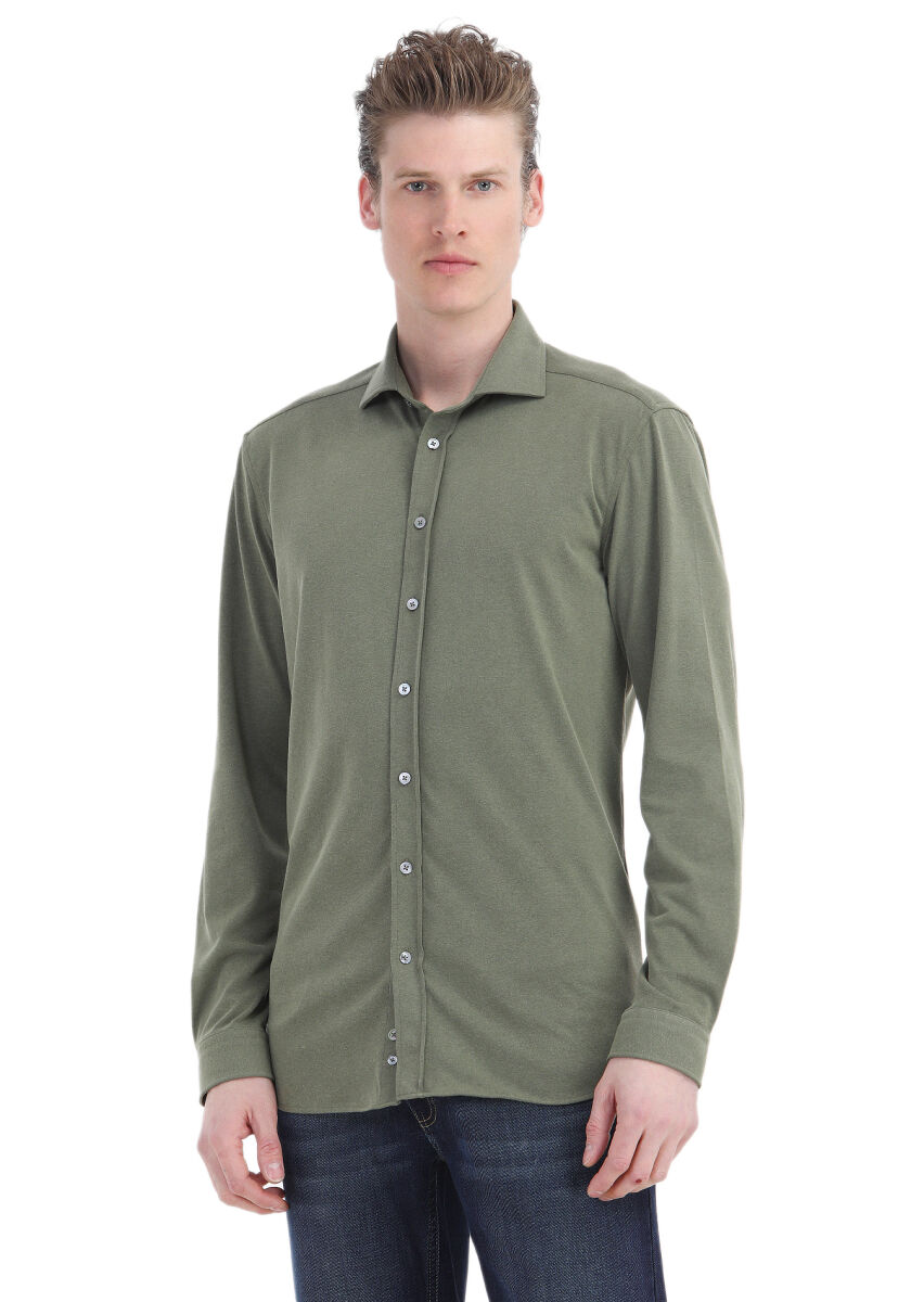 Khaki Plain Regular Fit Long Weaving Casual Shirt - 1