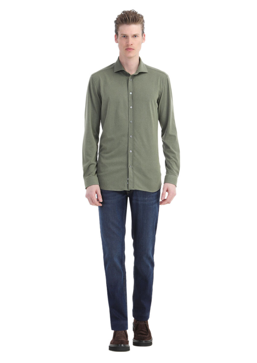 Khaki Plain Regular Fit Long Weaving Casual Shirt - 2