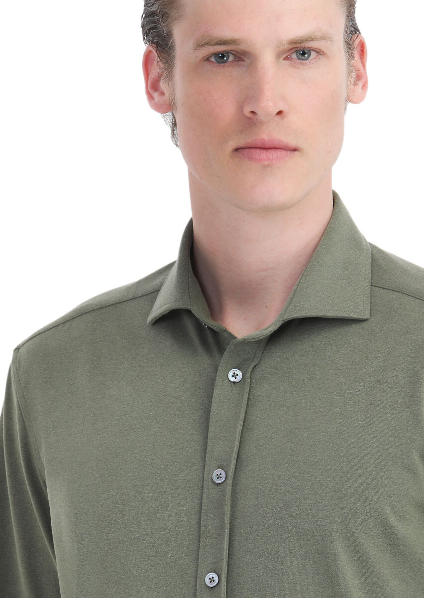 Khaki Plain Regular Fit Long Weaving Casual Shirt - 4