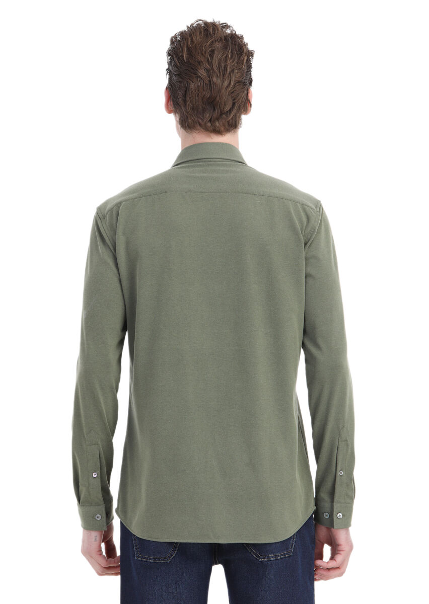 Khaki Plain Regular Fit Long Weaving Casual Shirt - 5