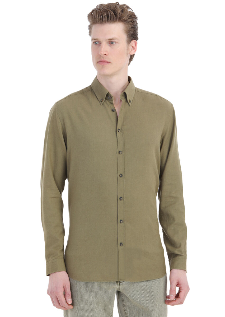 Khaki Plain Regular Fit Long Weaving Casual Wool Blended Shirt - 1