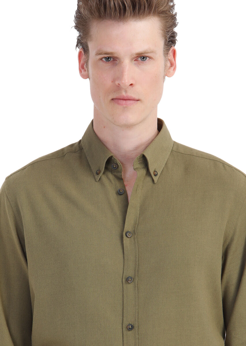 Khaki Plain Regular Fit Long Weaving Casual Wool Blended Shirt - 3