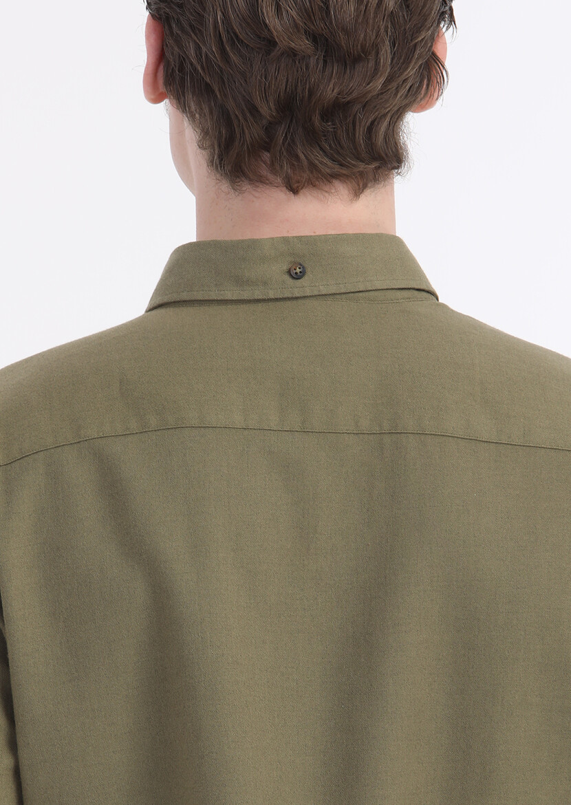 Khaki Plain Regular Fit Long Weaving Casual Wool Blended Shirt - 4