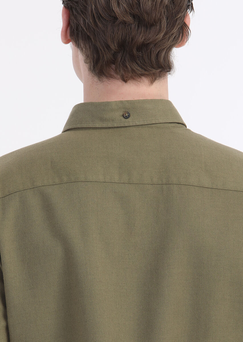 Khaki Plain Regular Fit Long Weaving Casual Wool Blended Shirt - 4