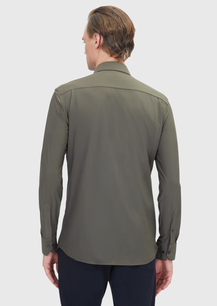 Khaki Plain Regular Fit Long Weaving Classical Shirt - 7